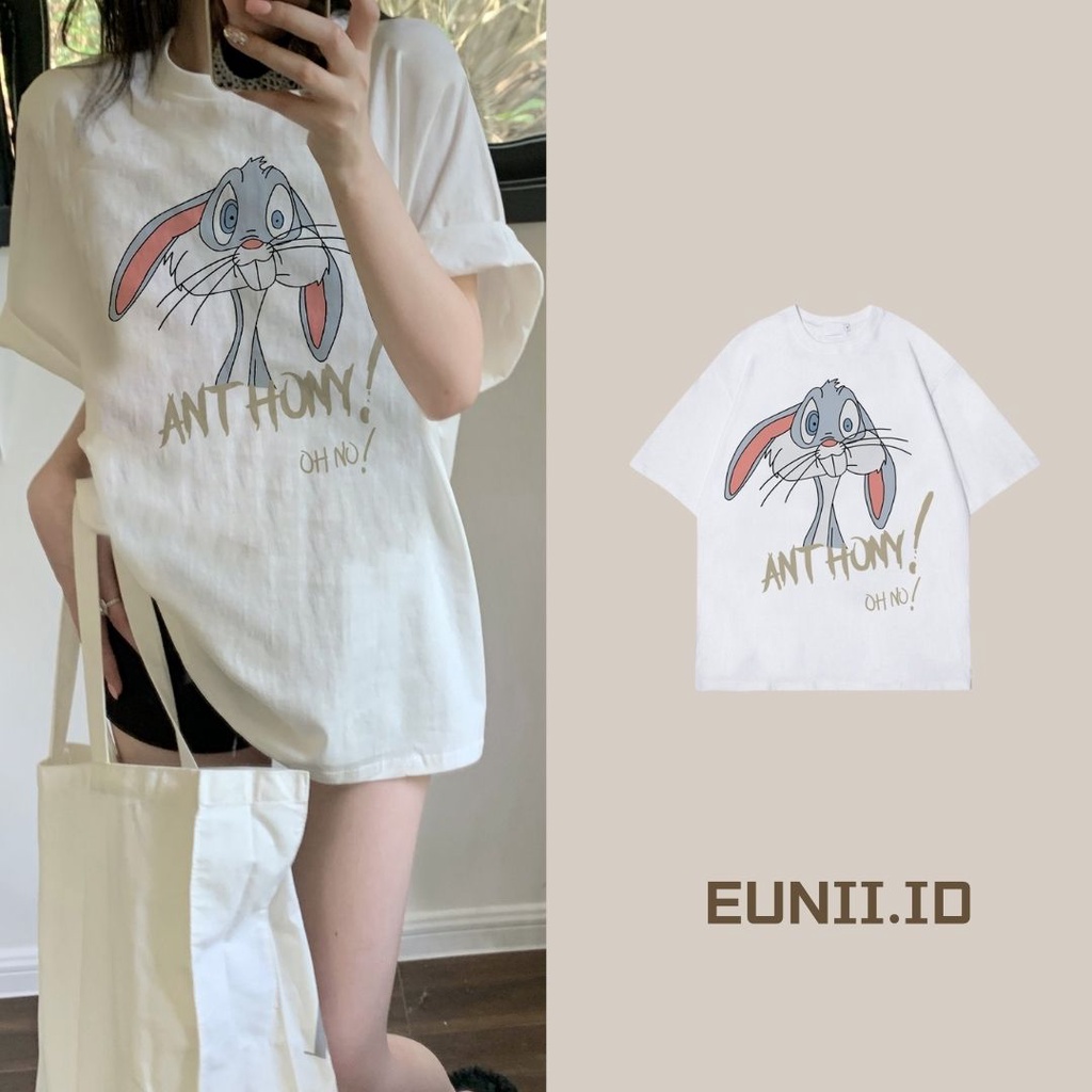 EUNII T-shirt Lengan Pendek Cartoon Fun Bunny Korean Style/Kaos Atasan Wanita/Baju Kaus Oversize Wanita/Kaos Wanita