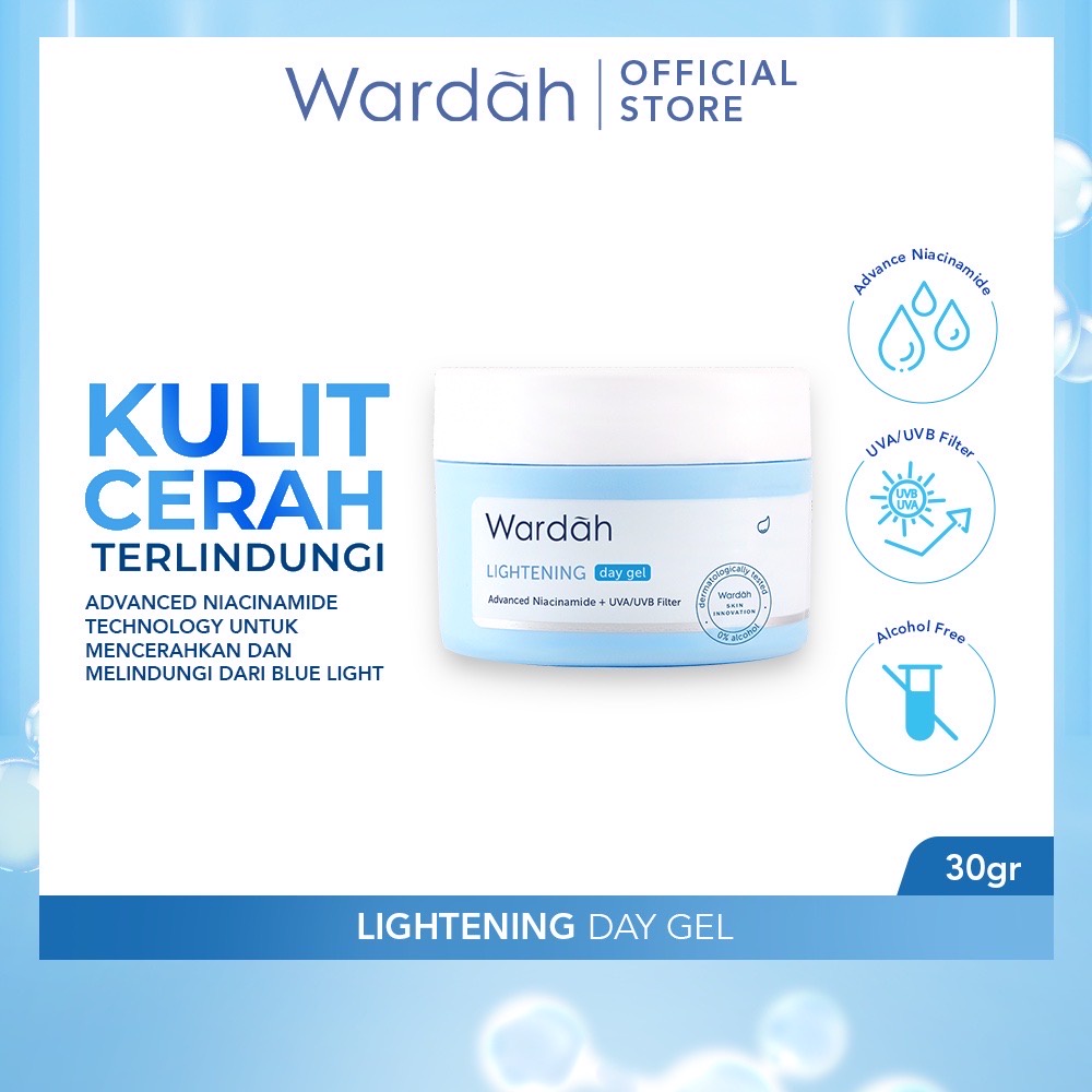 WARDAH Lightening Day Gel Indonesia / Pelembab Wajah 20ml 30g / Advanced Niacinamide UVA/UVB Filter / With UV &amp; Blue Light Protection / Normal to Oily Skin / Mencerahkan Melembabkan Moisturizer Glow / Skincare Face Care Series / Cream Krim Muka Pagi Night