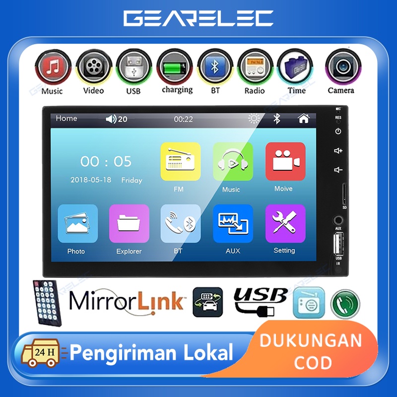 2 DIN Car Stereo 7 inci Head Unit Multimedia Video Player dengan Bluetooth Panggilan Hands Free AUX-Input TF USB Port