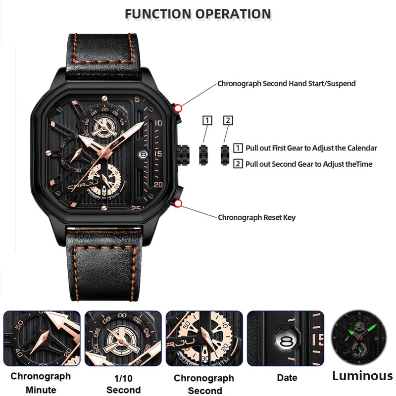 CRRJU Jam Tangan Pria Top Brand Luxury Military Sports Chronograph Luminous Square Quartz Jam Tangan Cowok Tahan Air