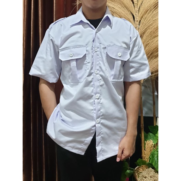 BAJU PDH PRIA  PUTIH PNS/ASN PRIA BAHAN DRIL SAKU 2 LENGAN PENDEK DAN PANJANG