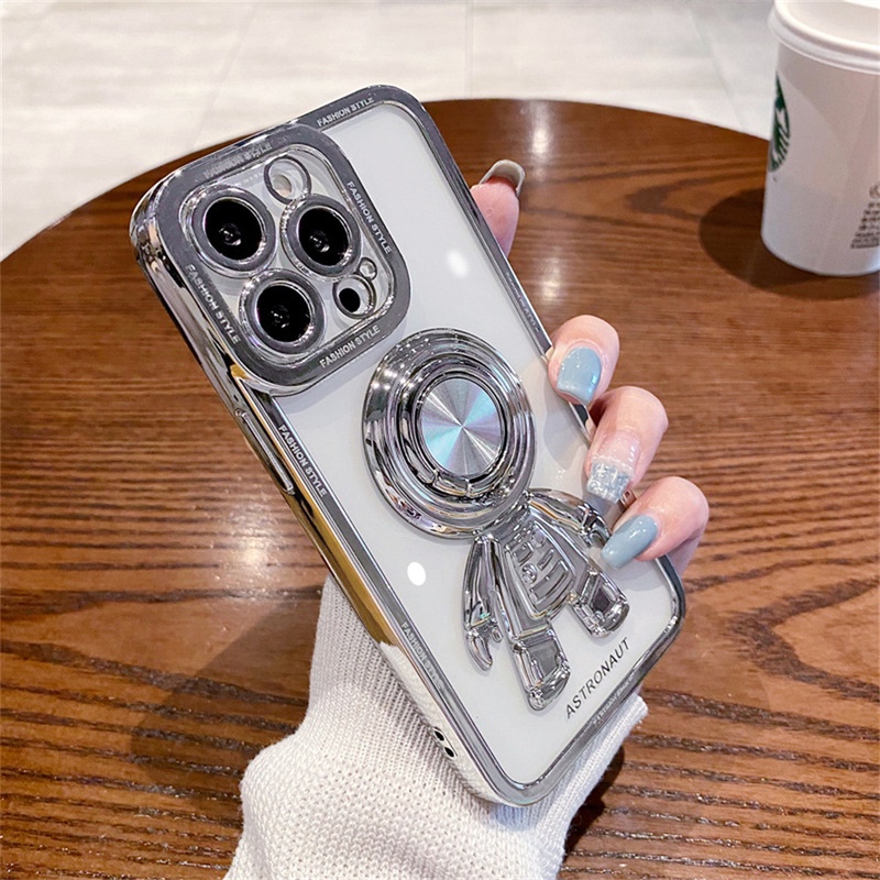 IPHONE Luxury Astronot Plating Soft Phone Case Dengan Stand Cincin Metal Untuk Iphone14 13 12 11 Pro Max Casing Ponsel Tahan Guncangan Transparan Phone Cover