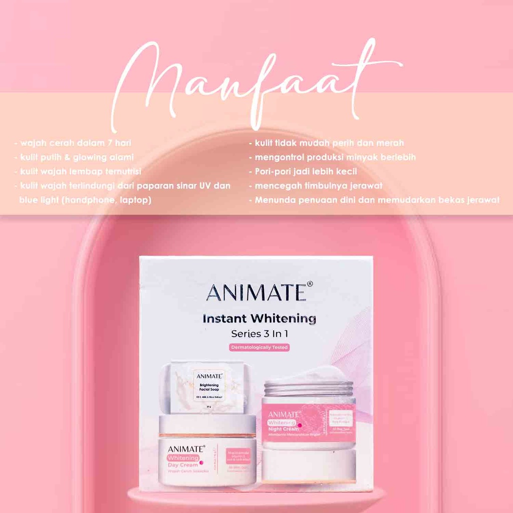 Animate Instant Whitening Series 3in1 Paket Whitening Mencerahkan Wajah Paket Skincare Animate | Krim Pemutih Wajah | Cream Animate Skincare BPOM