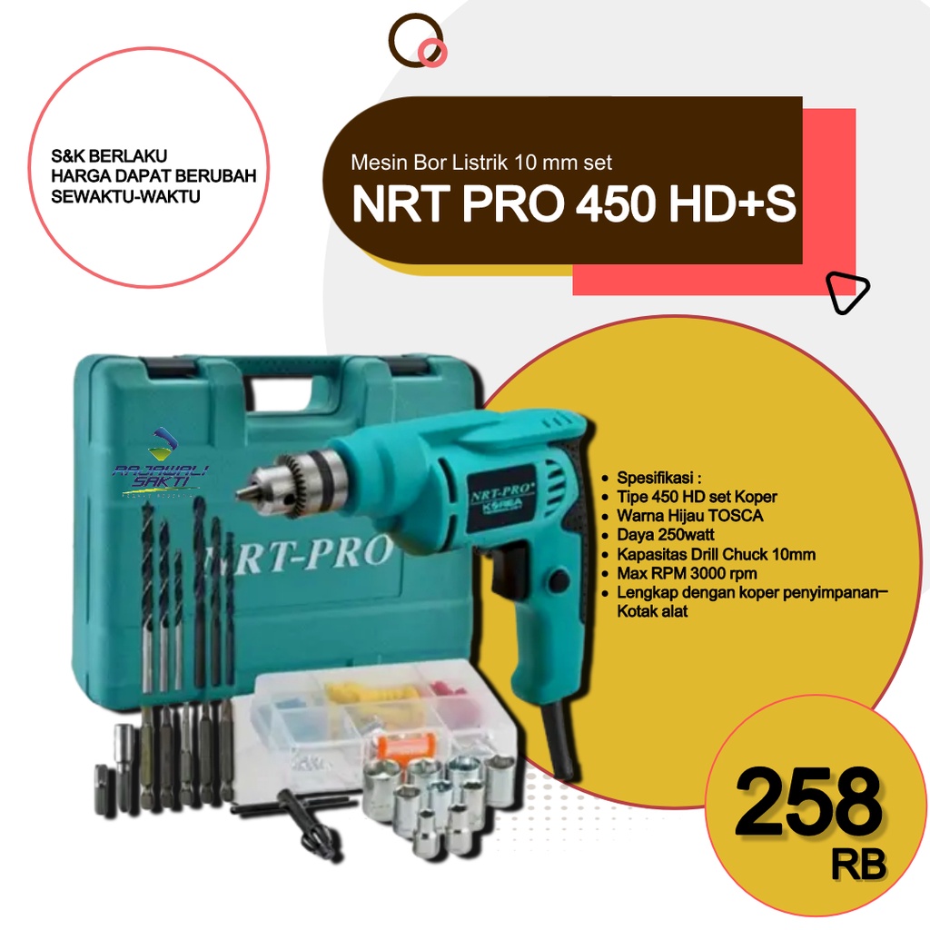 Mesin Bor Tangan Listrik 10mm Set Mata Bor Komplit Nrt Pro 450 HD Set
