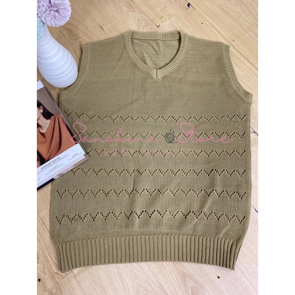 Rompi Rajut Wanita Jumbo Knit Vest Kerah Bulat Kutung Motif Bolong Bolong