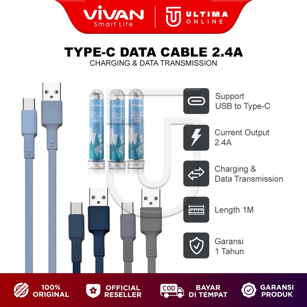 VIVAN Kabel Data Type C CTC100S Charger Cable Tipe C Tepsi Quick Charging 2.4A Casan HP