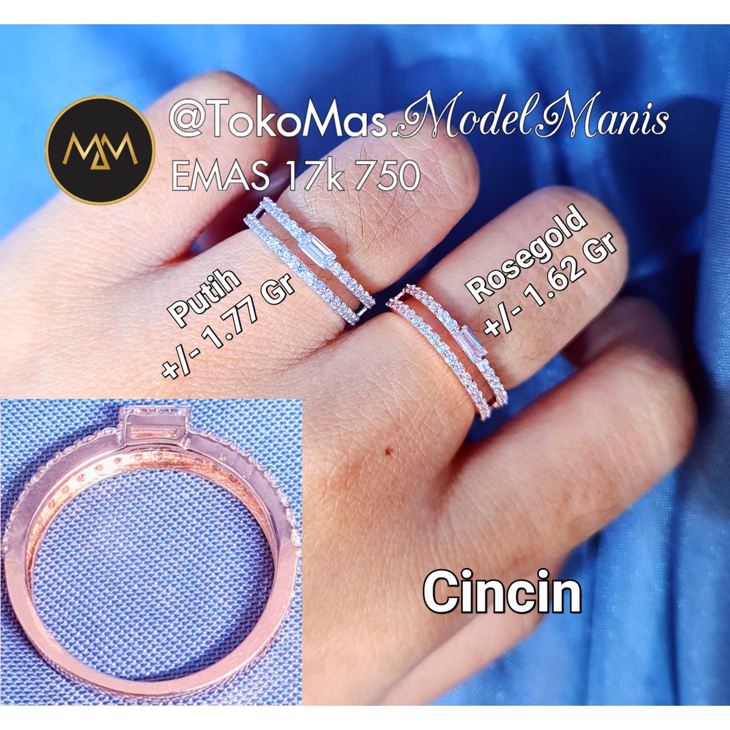 Cincin double listring baguette emas putih rosegold 750 kadar 17k