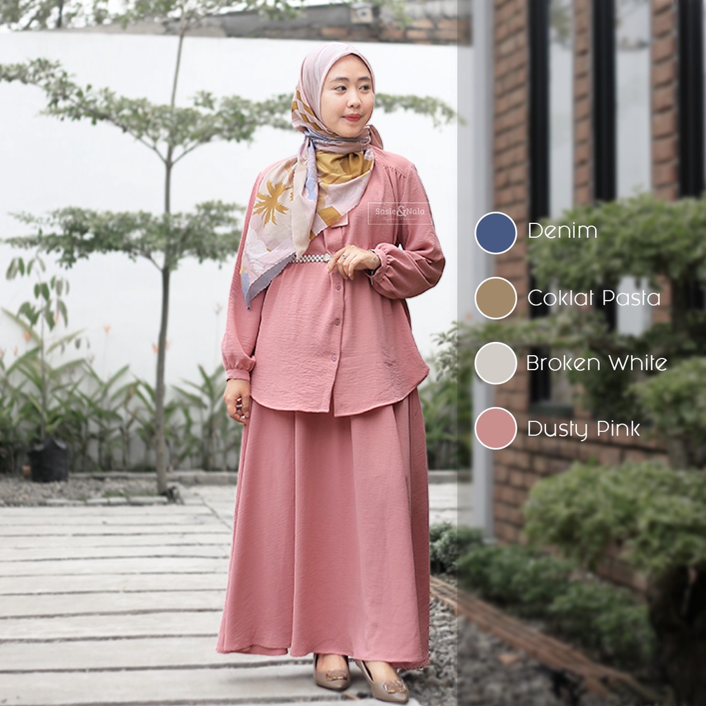 One Set Syar'i Crinkle Airflow- Gamis Setelan Blouse & Rok Sasie&Nala