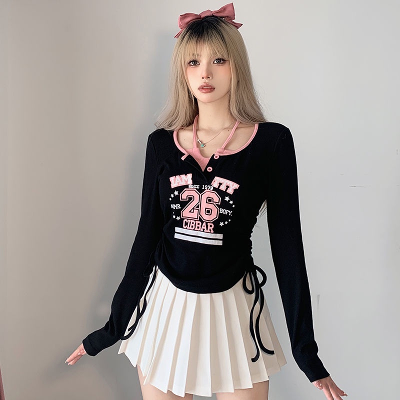 Red 2023 Baru Splicing Merah Muda Halter Leher Dasi Dicetak T-shirt Wanita Lipit Tali Slim-Fit Pendek Lengan Panjang top Ins