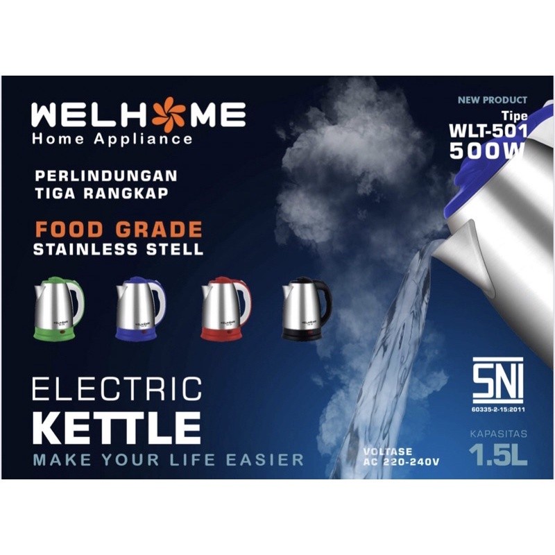 Teko Kettle Electric Welhome WLT-501 500W 1,5 Liter Listrik