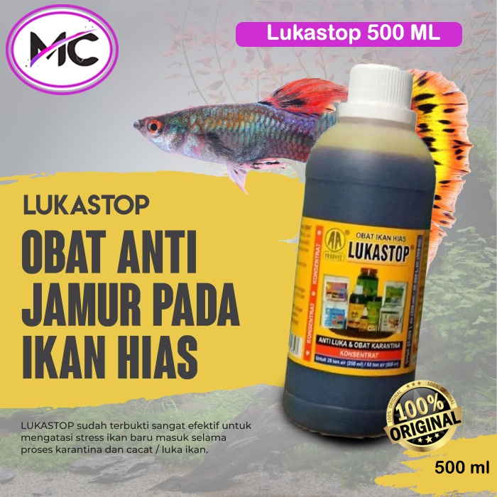 Lukastop 500ml Obat Ikan Hias Parasit Jamur Luka Karantina Sisik Rusak Sobek Botol Besar Original Perawatan Cupang Guppy Arwana Louhan Koi Koki Discus Chana dan lain lain Kebutuhan Aquarium Aquatic