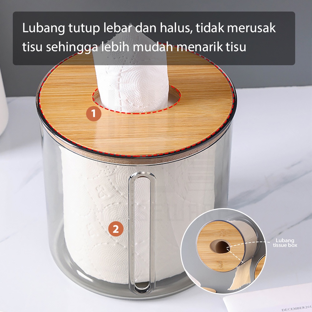 HUGO Tempat Tisu Roll Bulat Kotak Penyimpanan Tissue Tabung Transparan Tutup Kayu Minimalis