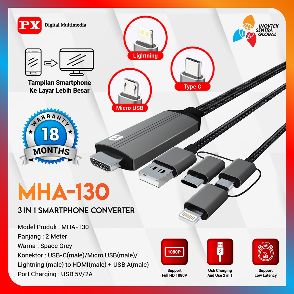 PX MHA-130 Kabel Type C USB/Micro/Lightning Converter 3in1