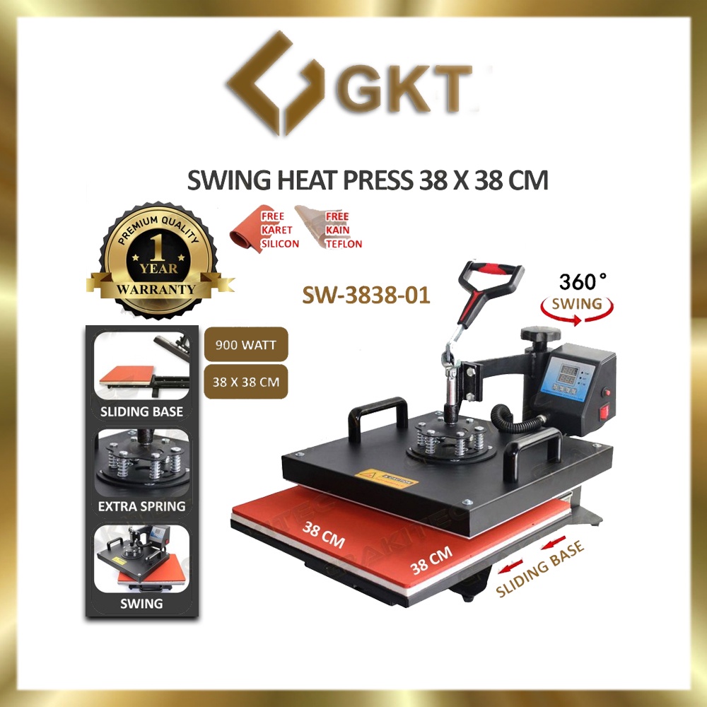 Mesin Heat Press Sablon Combo 3 in 1 Kaos 38x38 Gelas 11oz Topi 8x15 Fitur SWING SLIDING