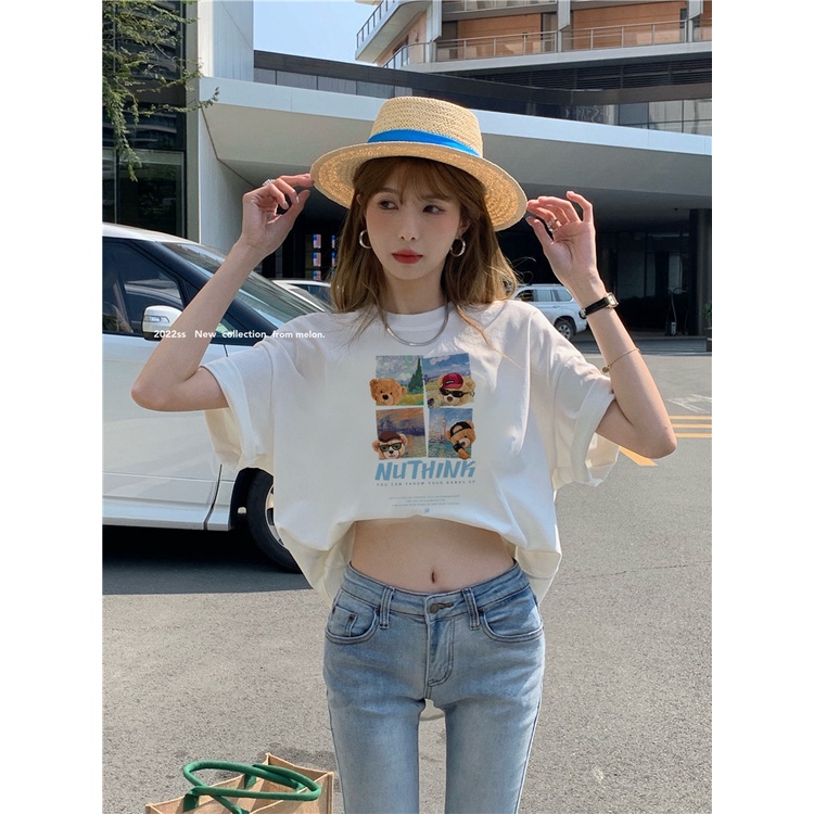 EUNII T-shirt Lengan Pendek Cartoon Oil Painting Cool Bear Korean Style/Kaos Atasan Wanita/Baju Kaus Oversize Wanita/Kaos Wanita