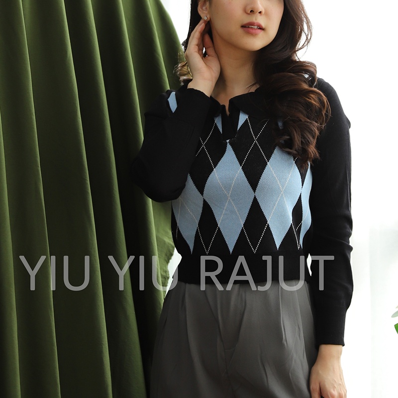 YIU YIU Rajut - Polo Shirt Sweater Rajut Crop Top Tartan Wanita Lengan Panjang Korean Style