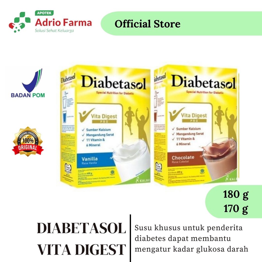 

DIABETASOL VITA DIGEST UNTUK DIABETES COKLAT CHOCOLATE VANILA VANILLA 170 180 GRAM