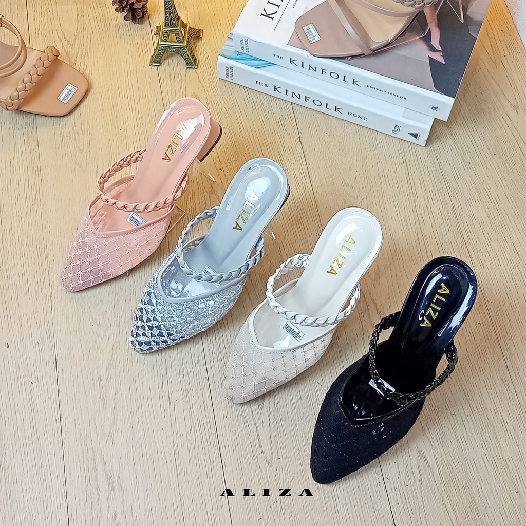 ALIZA SANDAL HEELS WANITA CHUNKY 5 CM JALA RAJUT TERBARU