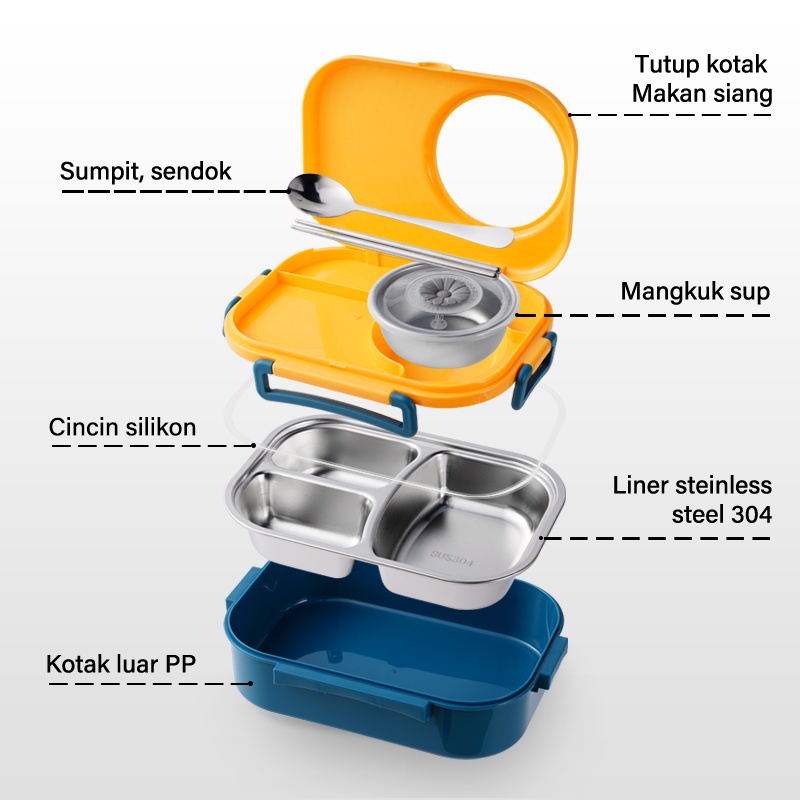 Letyeah &amp; Kaizenliving Stainless 304 Tempat Makan Anak Lucu Kotak Bekal Makan Dan Termos Sup Tahan Panas Serbaguna