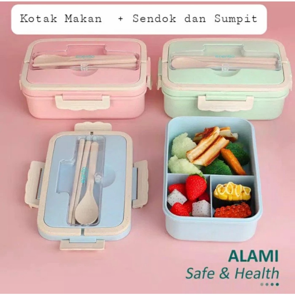 Lunch Box Kapasitas 1000 ml + Bunus Sendok Sumpit Kotak Makan Biru Hijau Pink Bekal