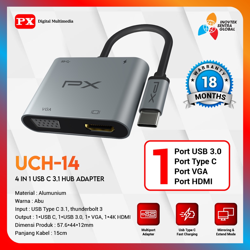 PX UCH14 4K Type C To VGA USB Hub Converter Adaptor 4in1