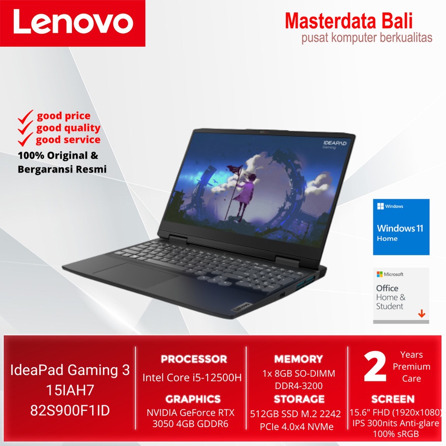 LAPTOP LENOVO IDEAPAD GAMING 3 15IAH7 82S900F1ID - i5-12500H/8G/512G/RTX3050