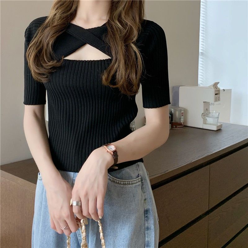 Knitwear Rajut Fashion Korean/Cut Out Short Sleeve Knit Top Atasan Crop Atasan Korean Style Wanita