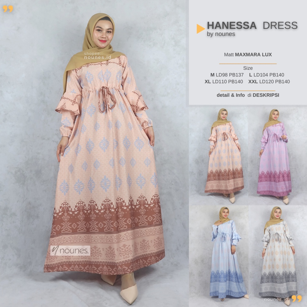 Nounes Hanessa Dress Gamis Wanita matt Maxmara Lux size M L XL Jumbo XXL LD 98 104 110 120
