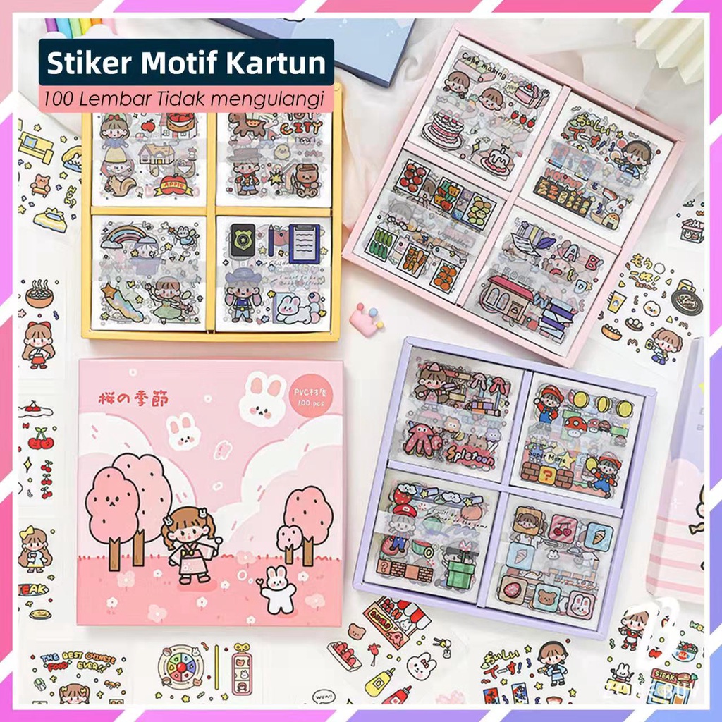 100 Lembar Stiker Motif Kartun Korea Lucu Anti Air Dekorasi Handbook Scrapbook DIY