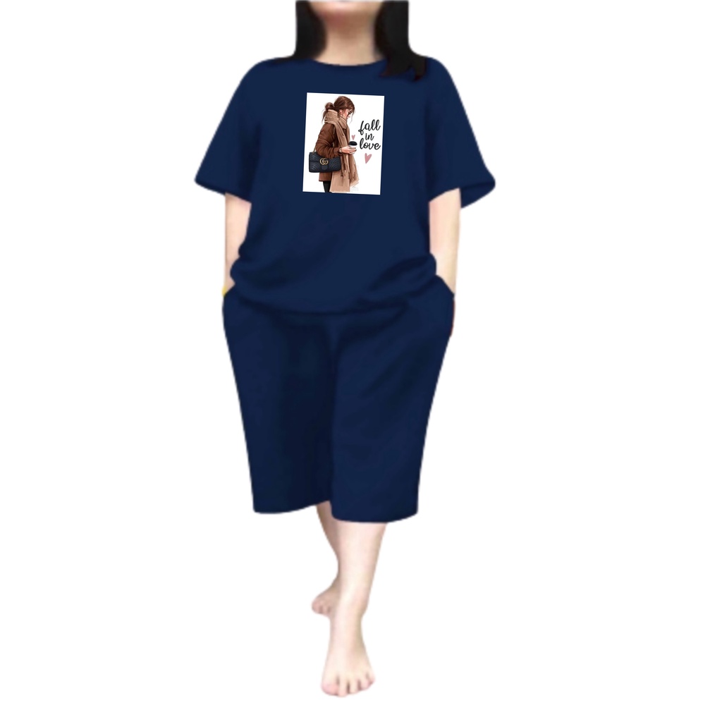 Baju Setelan Wanita Dewasa Jumbo Ld 115 Cm One Set Wanita Kaos dan Celana Pendek Oversize 3/4 Baju Setelan Cewek Dewasa Terbaru 2023 Kekinian Stelan Wanita  Dewasa Viral Set fall in love