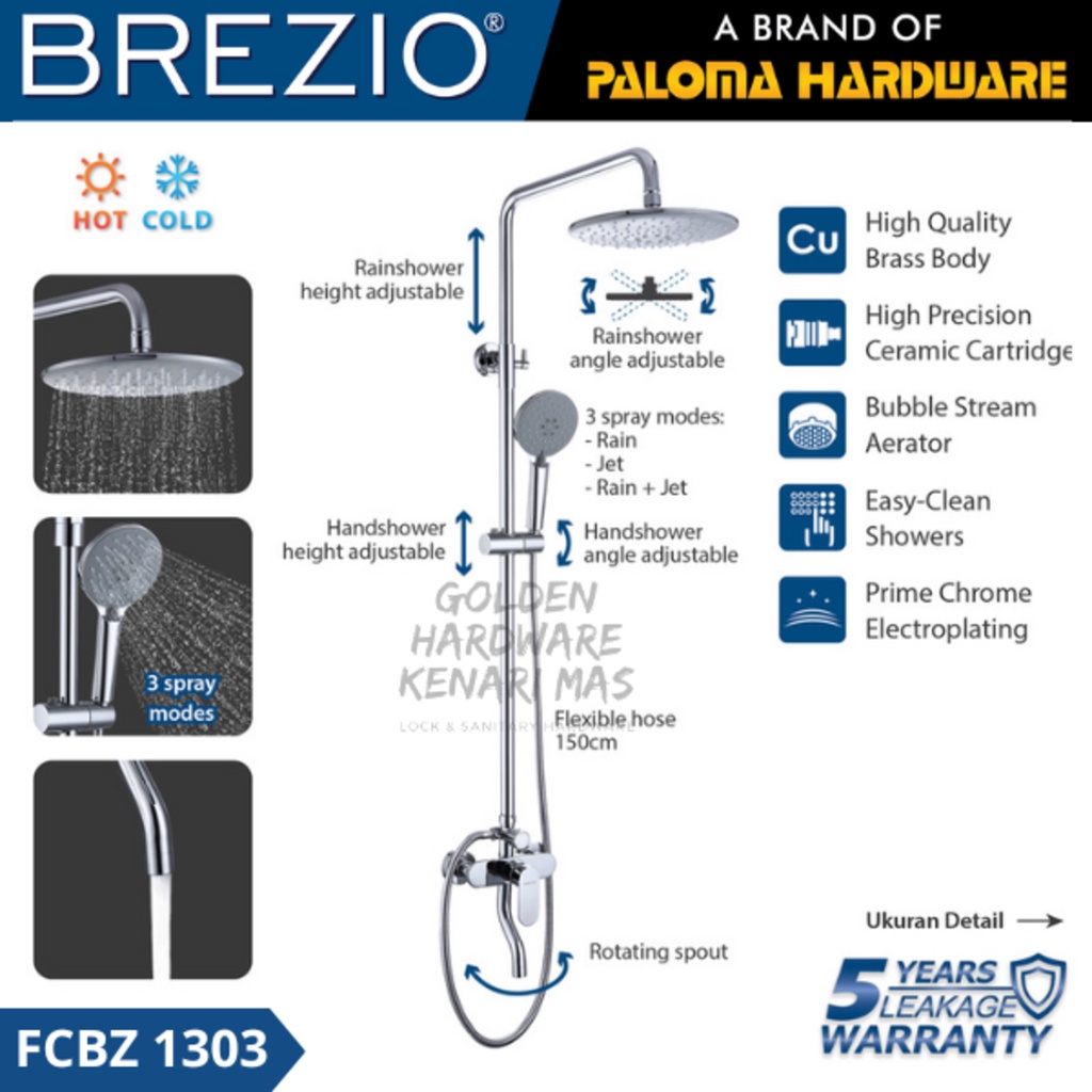 BREZIO FCBZ 1303 Shower Tiang Set Kamar Mandi Kran Air Mixer Panas Dingin Chrome Bulat