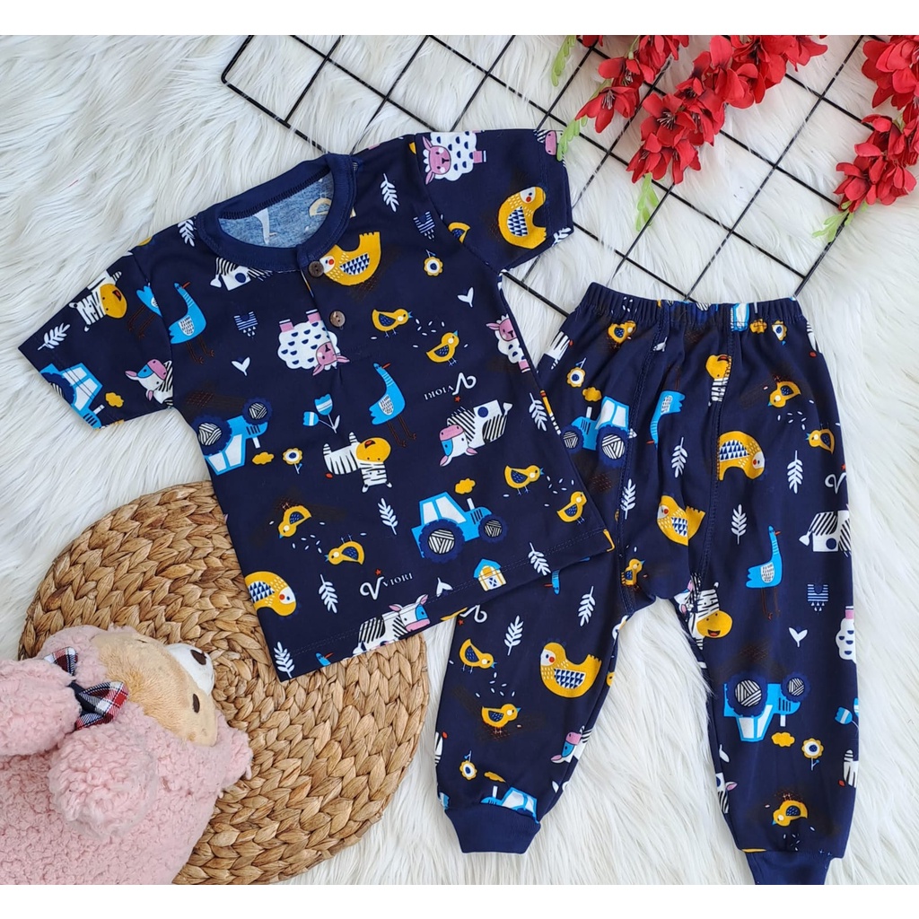 stelan baju bayi laki laki perempuan lucu murah motif PRINTING DOMBA (pendek panjang) KANCING WANGKI celana pampers3-18 bulan