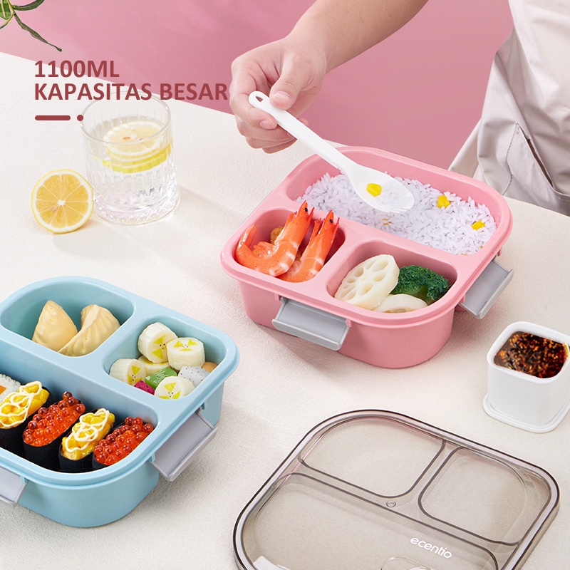 ecentio 3/4 grid kotak makan anti tumpah tempat makan kotak bekal lunch box merah muda