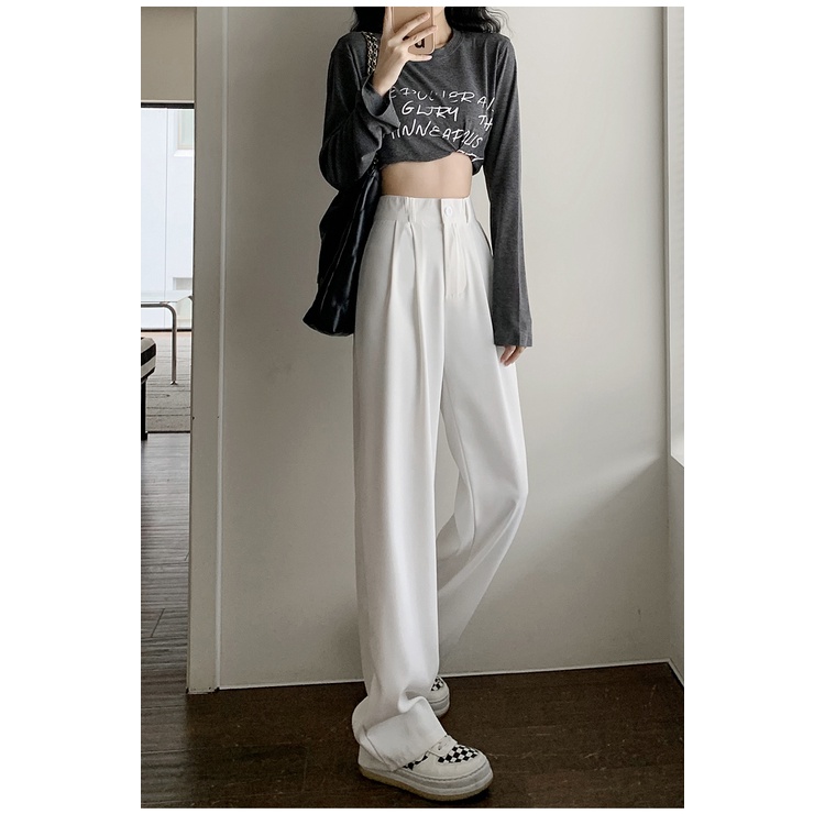 EUNII Celana Panjang Putih Casual Straight High Waist Pants Korean Style