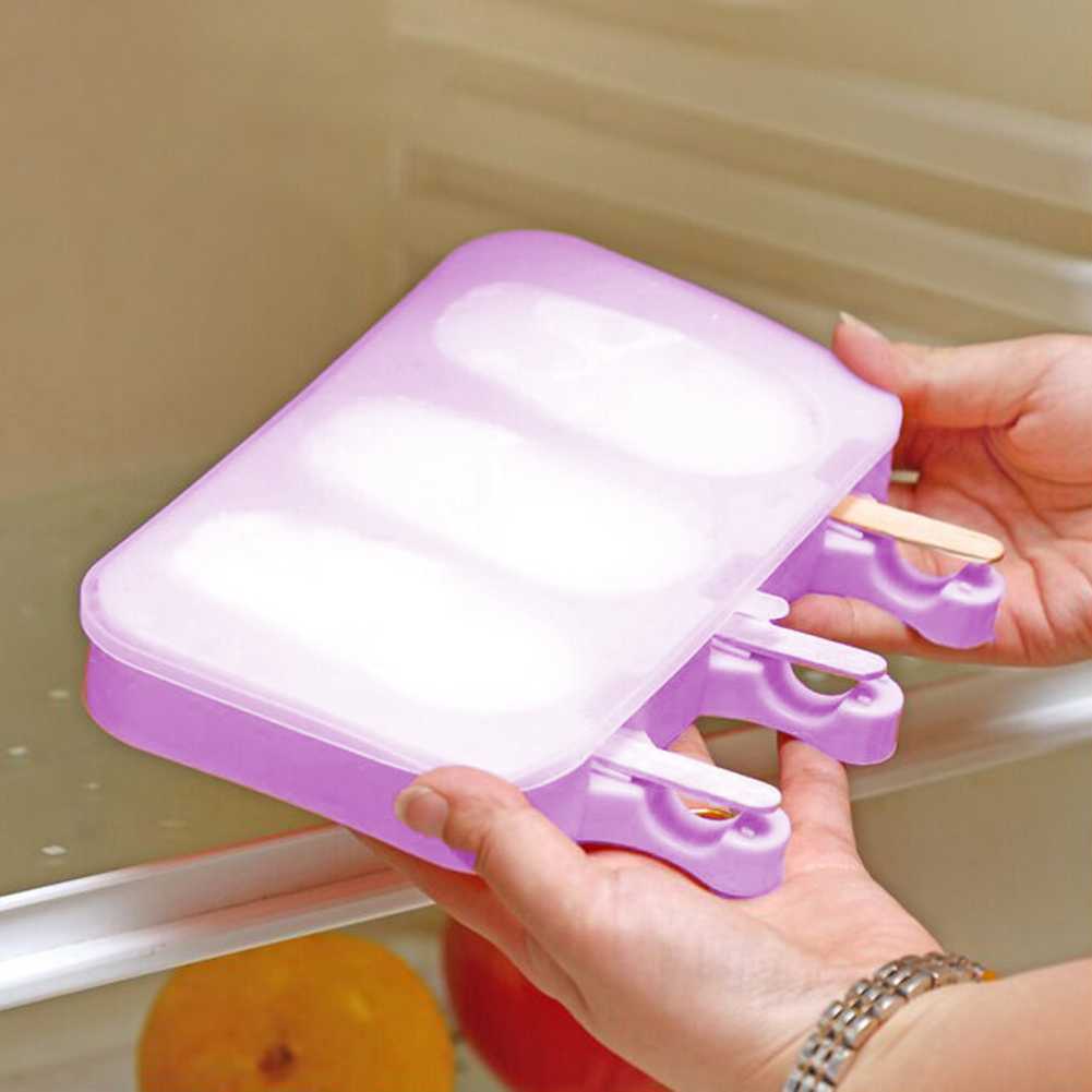 (BISA COD) FTIHSHP SJ Cetakan Es Krim 3 Hole Silicone Mold Dessert with 50 Popsicle Stick - JSC8004