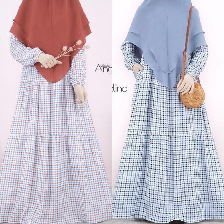 DISKON Atelier Angelina Ditsy Dress Plaid - Serene Black Pink Bella Black blue Coral Blue New Murah