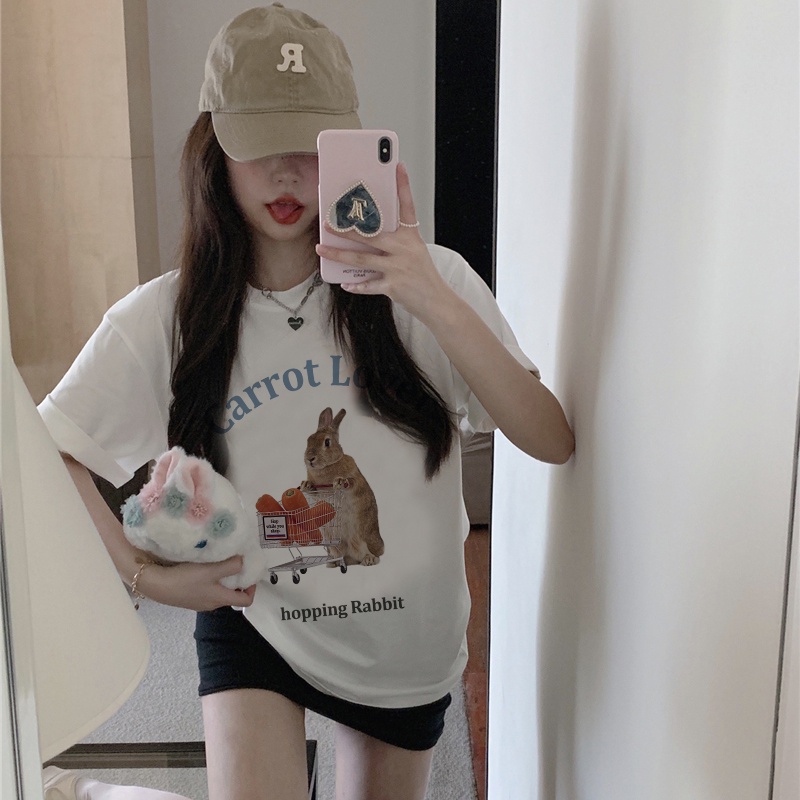 Print T-shirt Kaos Lengan Pendek Cartoon Shopping Rabit Baju Wanita Korean Style