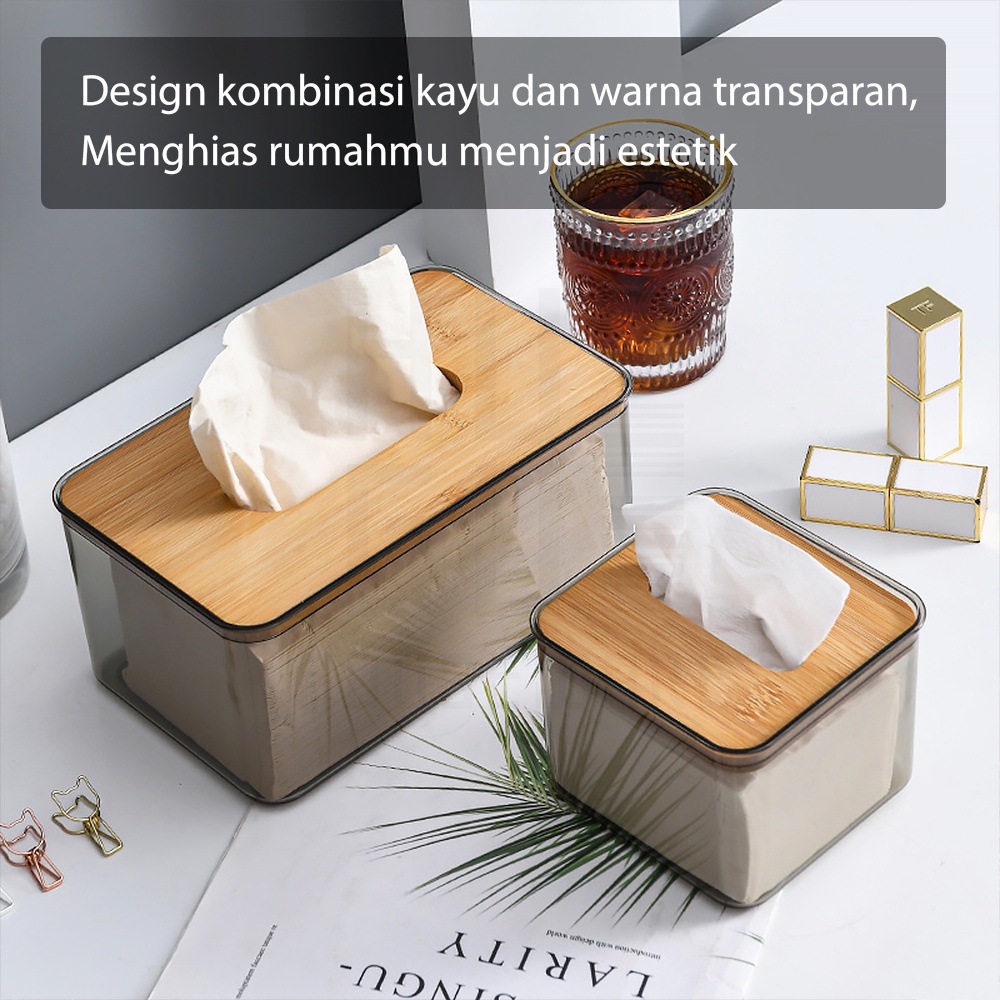 HUGO Tempat Tisu Roll Bulat Kotak Penyimpanan Tissue Tabung Transparan Tutup Kayu Minimalis