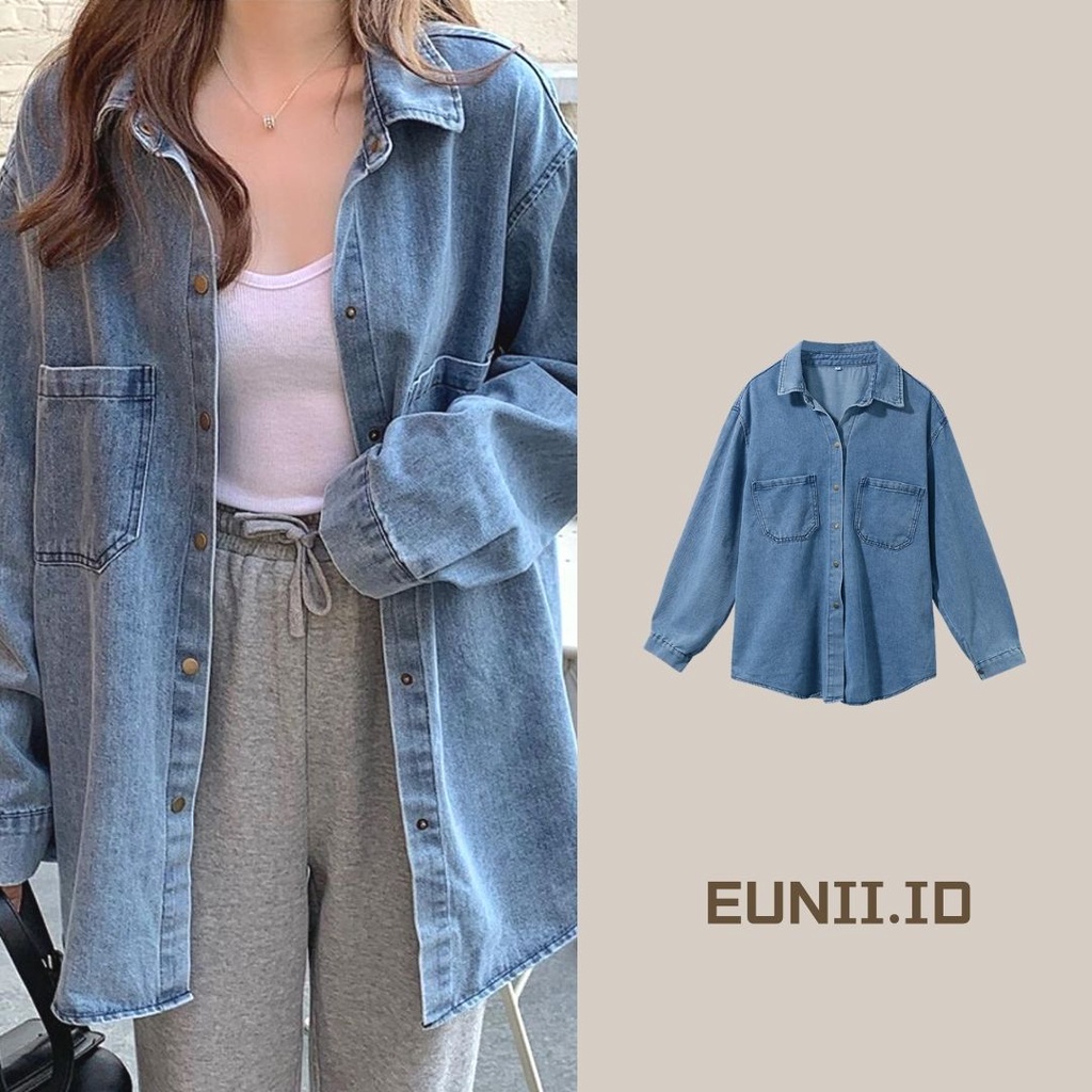 EUNII Kemeja Denim Wanita Shirt Lengan Panjang Retro All-Match Oversize Atasan Jaket Korean Style