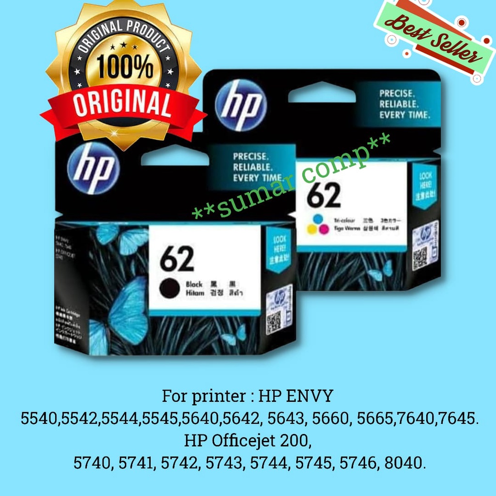 Tinta hp 62 black calour original hp ink cartridge