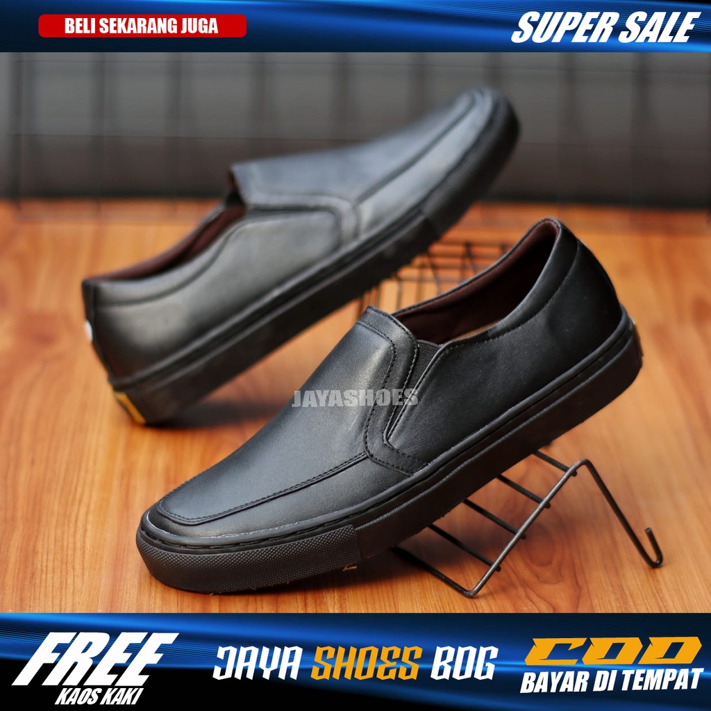 MANJI Sepatu Casual Formal Pria Hitam Kulit Asli Original Kerja Kantor Cowok Murah Sepatu Slop