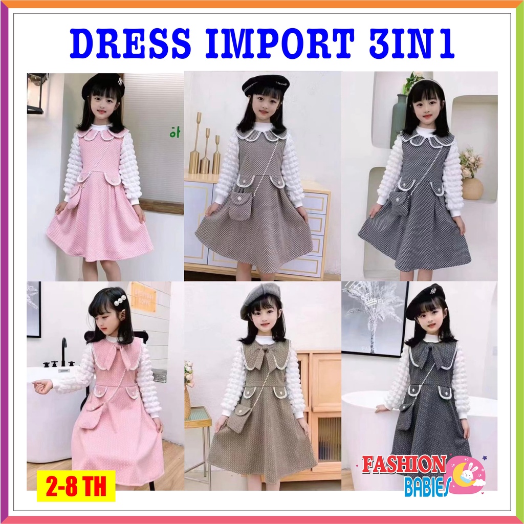 SW-D3IN1 DRESS WOL IMPORT KOREA LENGAN JAGUNG | GRATIS TAS SELEMPANG ❤ Fashionbabies ❤