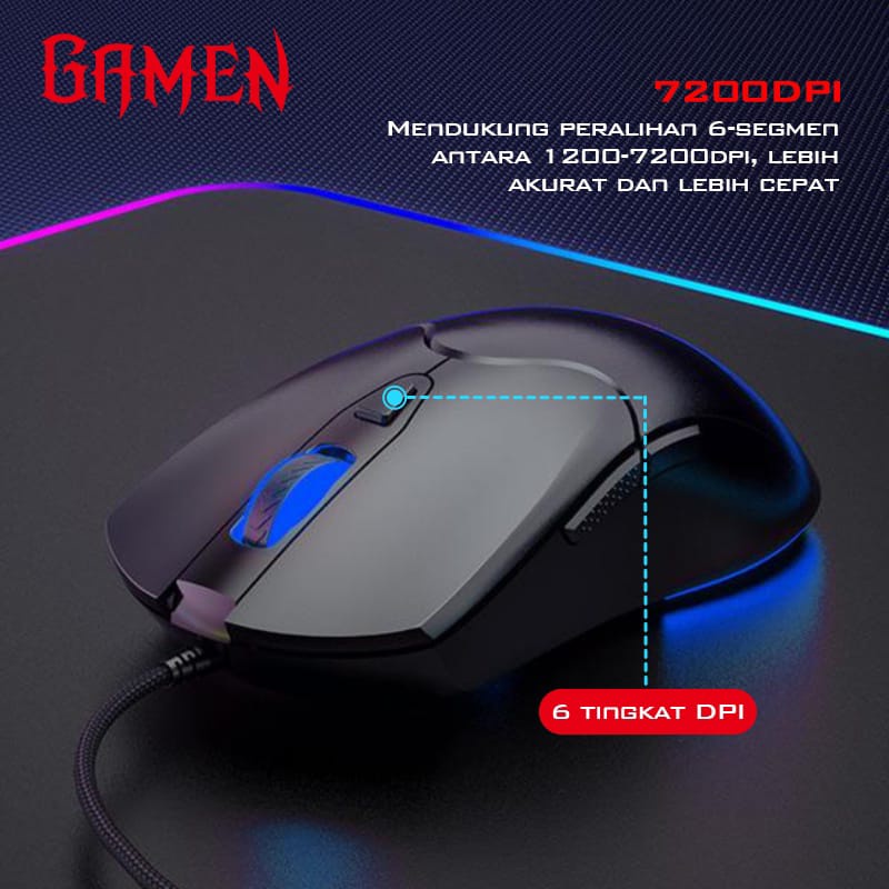 GAMEN Mouse Gaming GM200 Macro Wired RGB Light 7200 DPI For Komputer PC Laptop