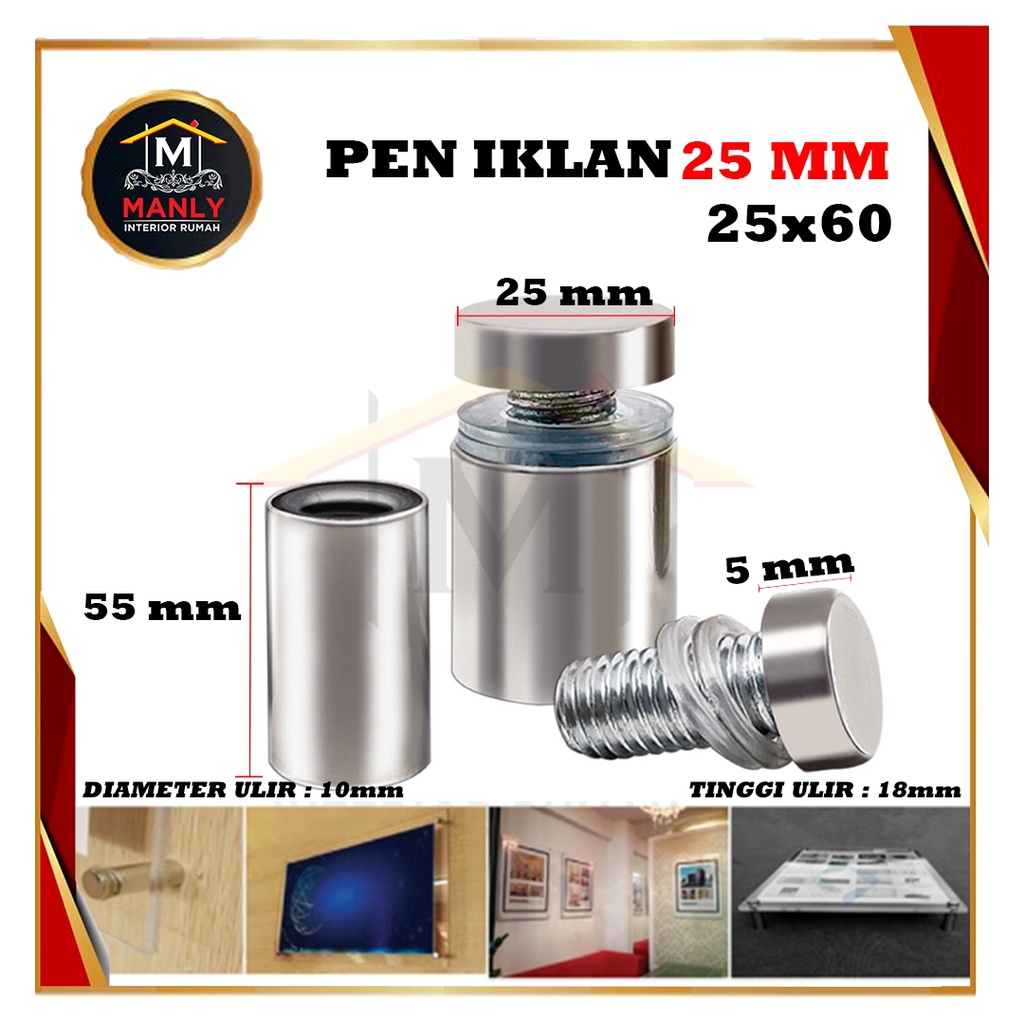 Pen Iklan 25 mm / Pen Baut Iklan Kaca Akrilik Sign Board Stainless Steel Dinding Reklame