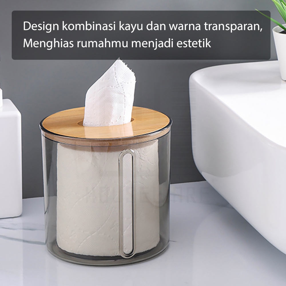 HUGO Tempat Tisu Roll Bulat Kotak Penyimpanan Tissue Tabung Transparan Tutup Kayu Minimalis