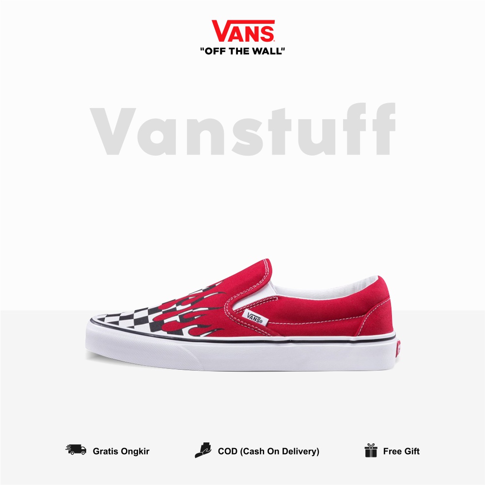 Vans Slip On Checkerboard Flame Black White Red Original 100 % BNIB Global Market Waffle EVB Hitam Tali Putih Couple Pria Wanita Item