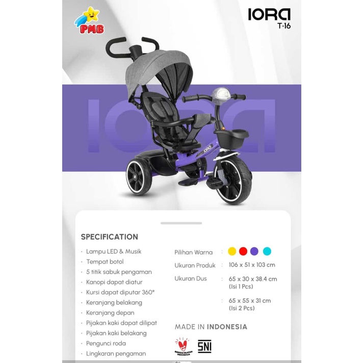 Sepeda Roda Tiga Anak PMB IORA TRICYCLE T16 terbaru Baby Tricycle termurah , sepeda anak murah