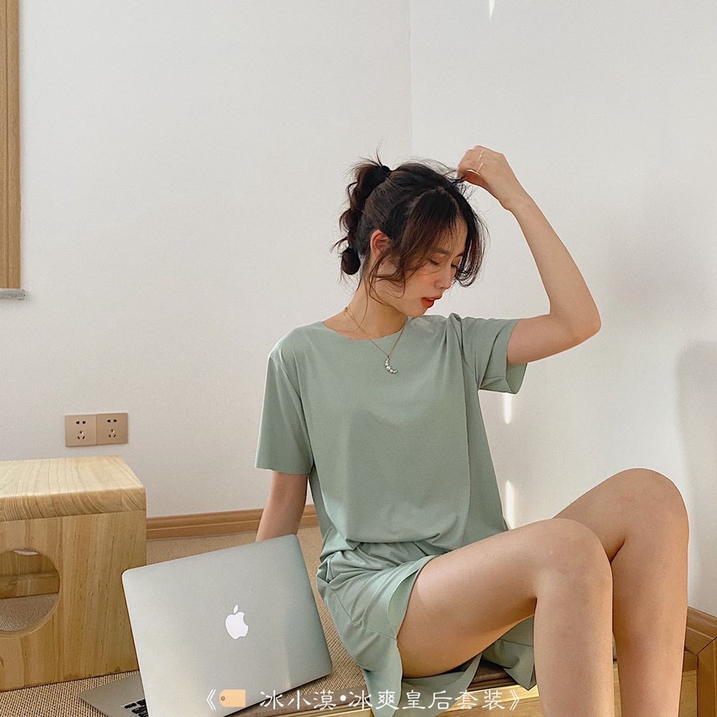 Baju tidur wanita piyama wanita Ice Silk 1 set piyama pendek baju tidur
