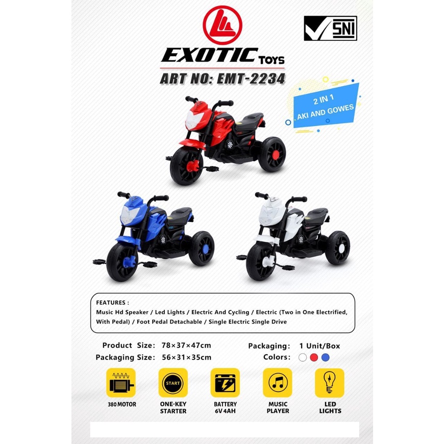 SEPEDA MOTOR ACCU EXOTIC 2234 2 IN 1 AKI DAN GOWES