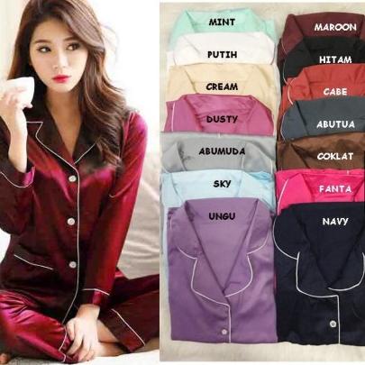 HARGA SPESIAL JNV Piyama PP Wanita Motif Satin Velvet / Polos - Baju Tidur Lengan Panjang - Bahan Sa